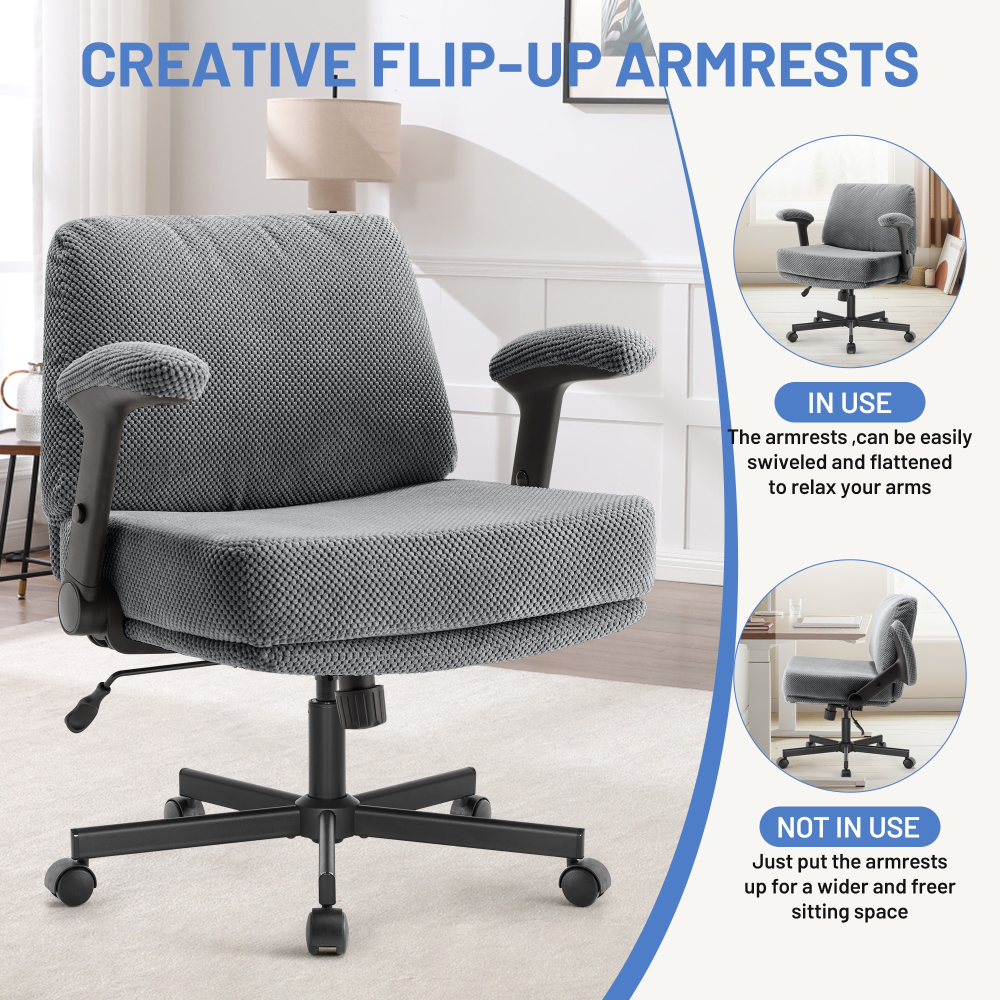 Criss Cross Chair With Wheels And Flip Arms- Comfy Fabric Cross Legged Office Chair With Thick Cushion&Wide Seat, Adjustable Swivel Desk Chair For Home Office, Apartment, Bedroom_voghion.com
